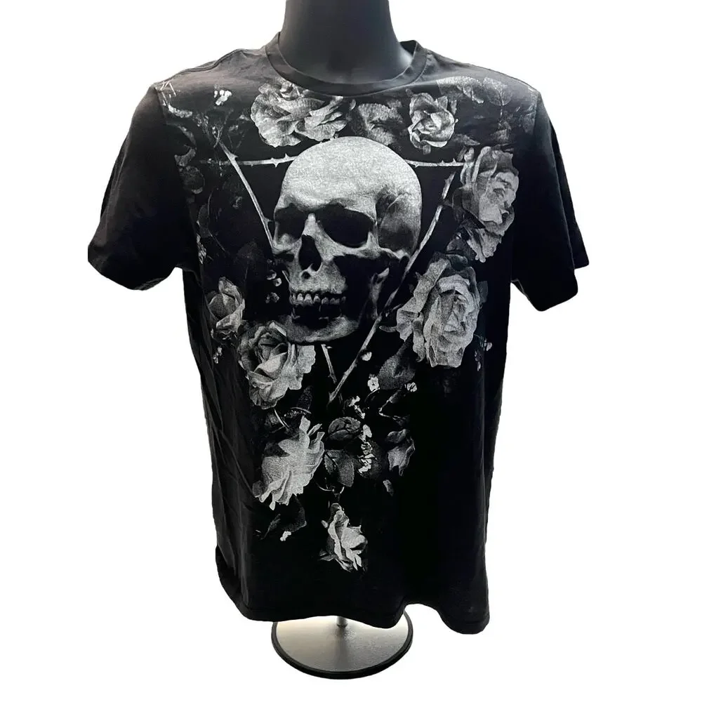 GUESS Los Angeles Skull and Roses Unisex Black T-Shirt Size Medium - Halloween - Picture 1 of 7